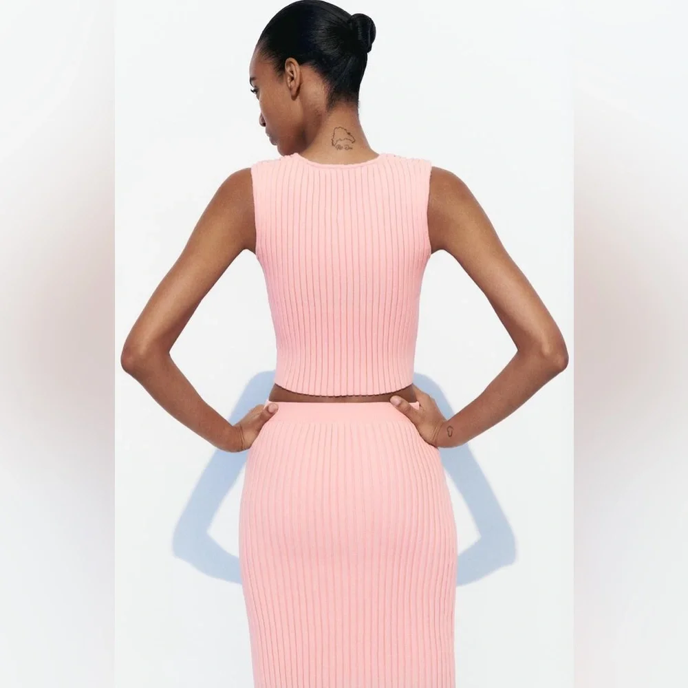Zara Pink Ribbed Knit Two-Piece Skirt Set